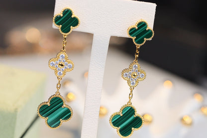 Miro CLOVER EARRINGS GOLD MALACHITE DIAMOND 3 MOTIF