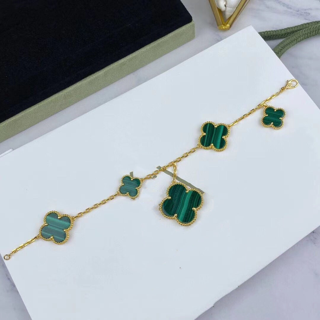 Miro MAGIC CLOVER MALACHITE GOLD BRACELET 5 MOTIFS