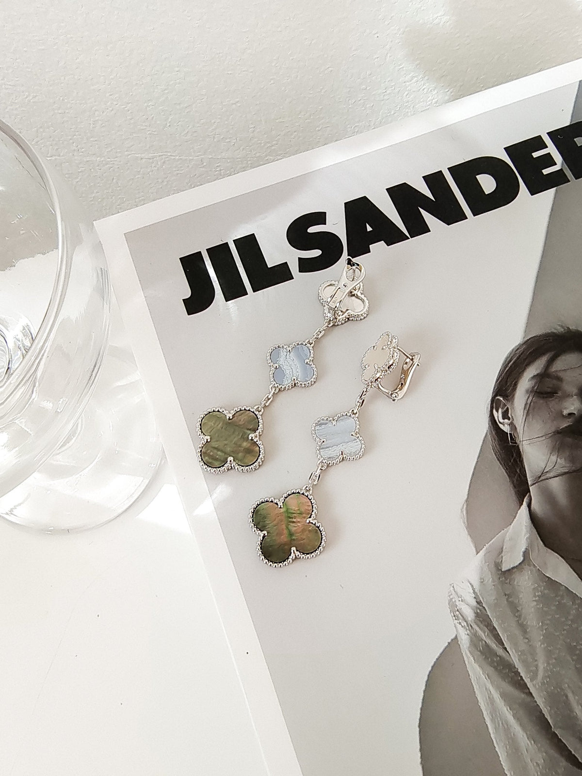 Miro CLOVER 3 MOTIFS CHALCEDONY DARK MOP SILVER EARRINGS