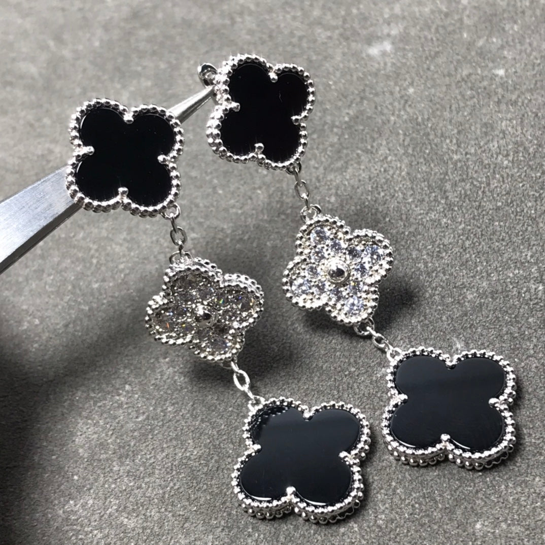 Miro CLOVER 3 MOTIF DIAMOND ONYX SILVER EARRINGS