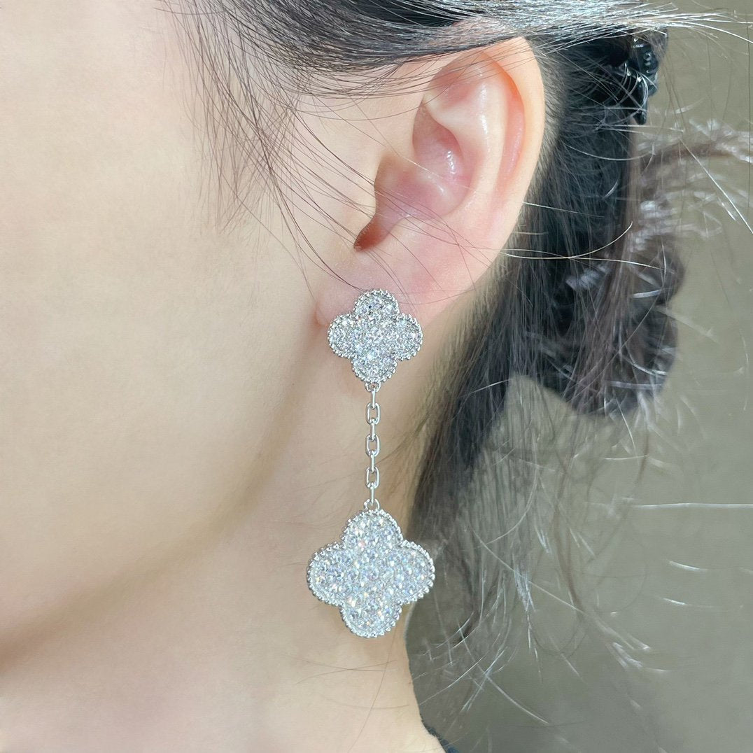 Miro CLOVER 2 MOTIFS DIAMOND PAVED SILVER EARRINGS