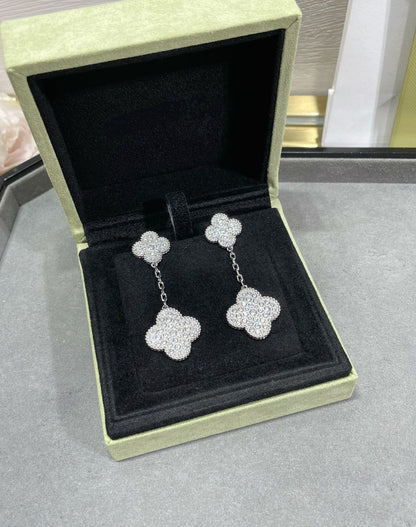 Miro CLOVER 2 MOTIFS DIAMOND PAVED SILVER EARRINGS