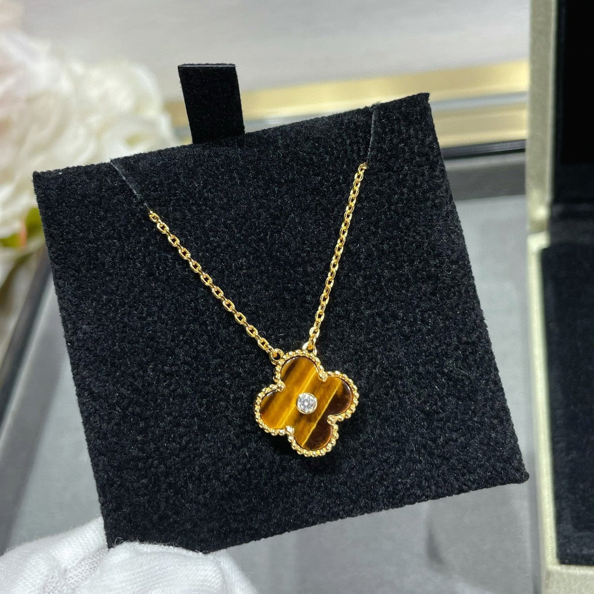 Miro CLOVER 15MM DIAMOND AND YELLOW TIGER'S EYE AGATE necklace