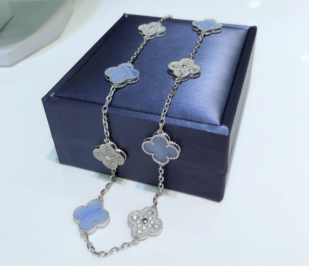 Miro CLOVER 10 MOTIFS CHALCEDONY DIAMONDS SILVER NECKLACE