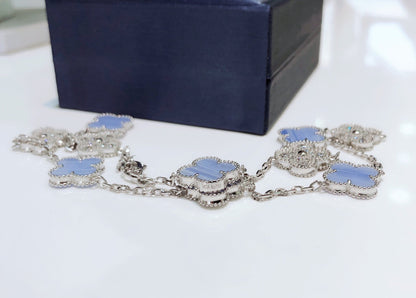 Miro CLOVER 10 MOTIFS CHALCEDONY DIAMONDS SILVER NECKLACE